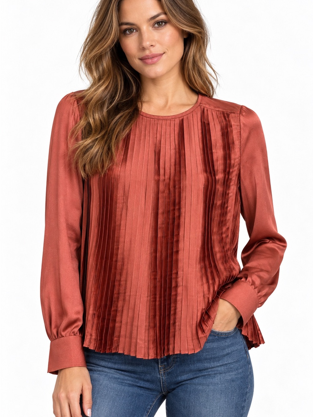 Banana Republic Petite M Rust Satin Pleated Long Sleeve Blouse